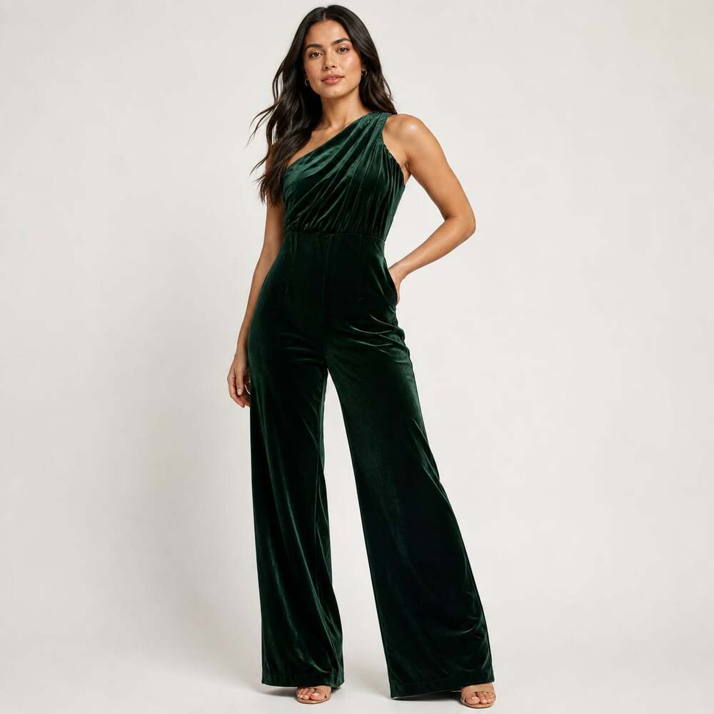 Express Green Velvet One Shoulder Draped Wide Leg Jumpsuit Size S Holiday Party